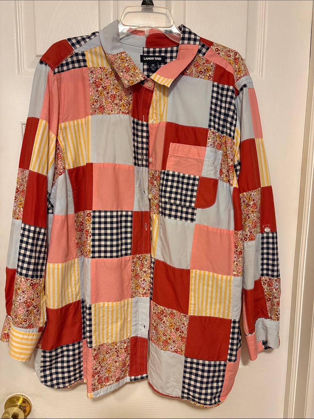 Lands' End Patchwork Button-Down Shirt in Coral, Red, Yellow & Navy